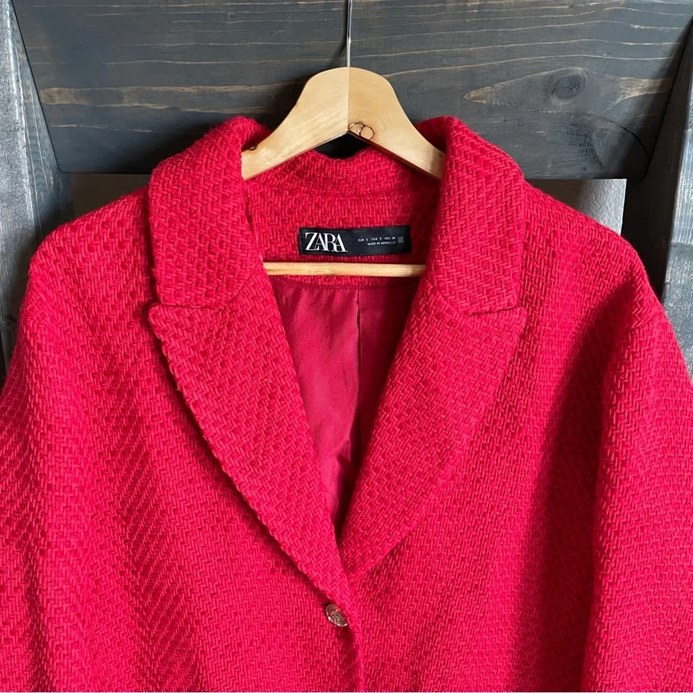 Zara Textured Tweed Coat Gold Buttons Oversized Jacket Red BLOGGER FAVORITE